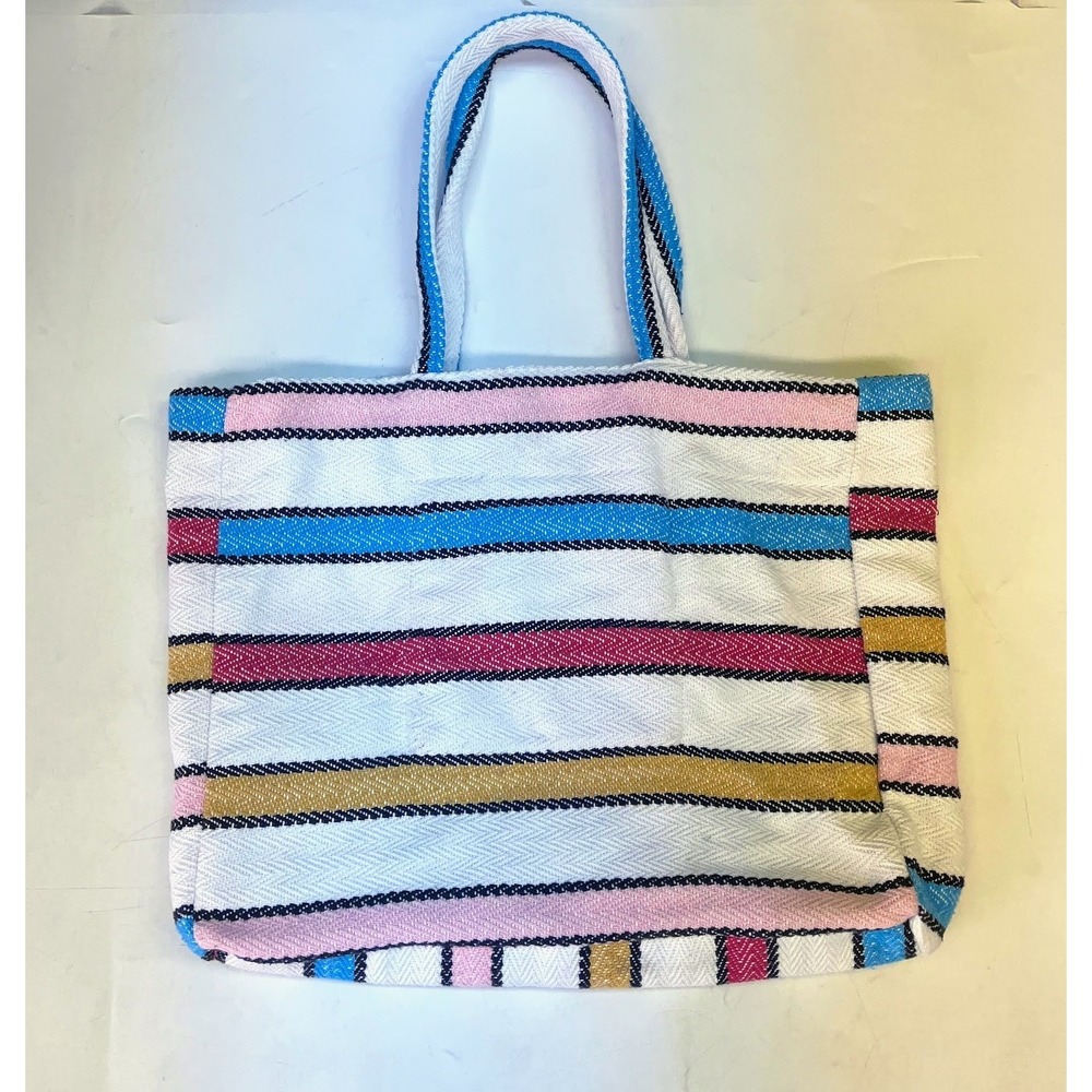 Senor Lopez Woven Striped Tote Bag White Blue Pink Cotton Blend Made in Mexico